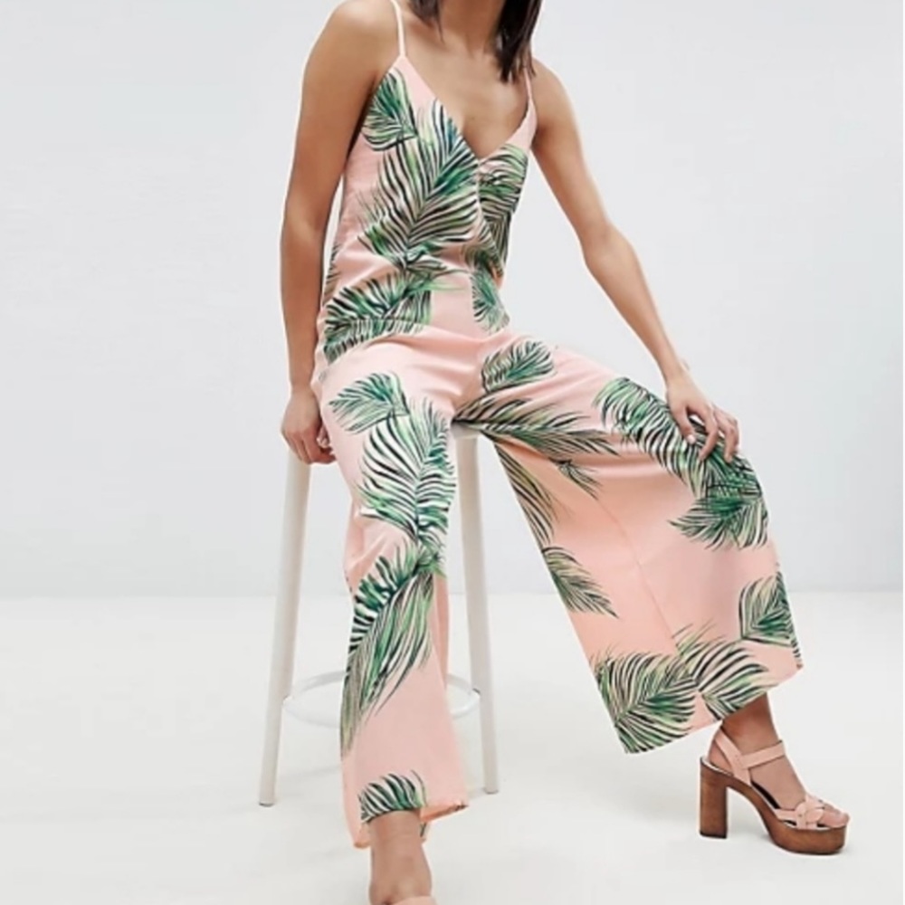 Asos Wide Leg Tropical Leaf Print Jumpsuit